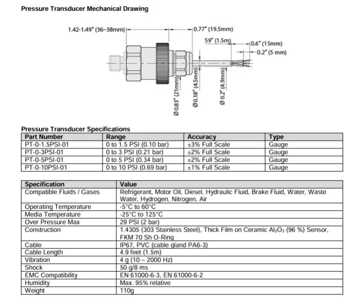 Maretron Pressure Transducer 0 to 1.5 PSI (FPM100 Accessory) PT-0-1.5PSI-01 - Image 2