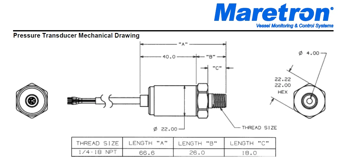Maretron Pressure Transducer 0 to 5000 PSI (FPM100 Accessory) PT-0-5000PSI-01 - Image 2