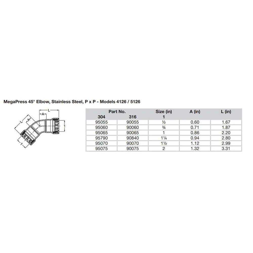 Viega MegaPress 1/2" 45 Stainless Steel 304 Elbow - Double Press Connection - Smart Connect Technology [95055] - Image 2